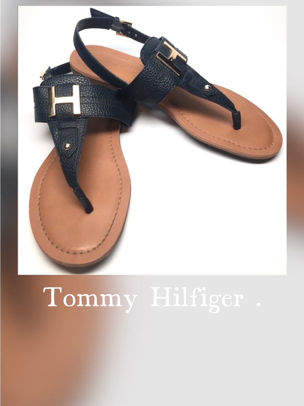 Tommy Hilfiger Navy Blue Leather T-Strap Sandals with Gold Hardware
